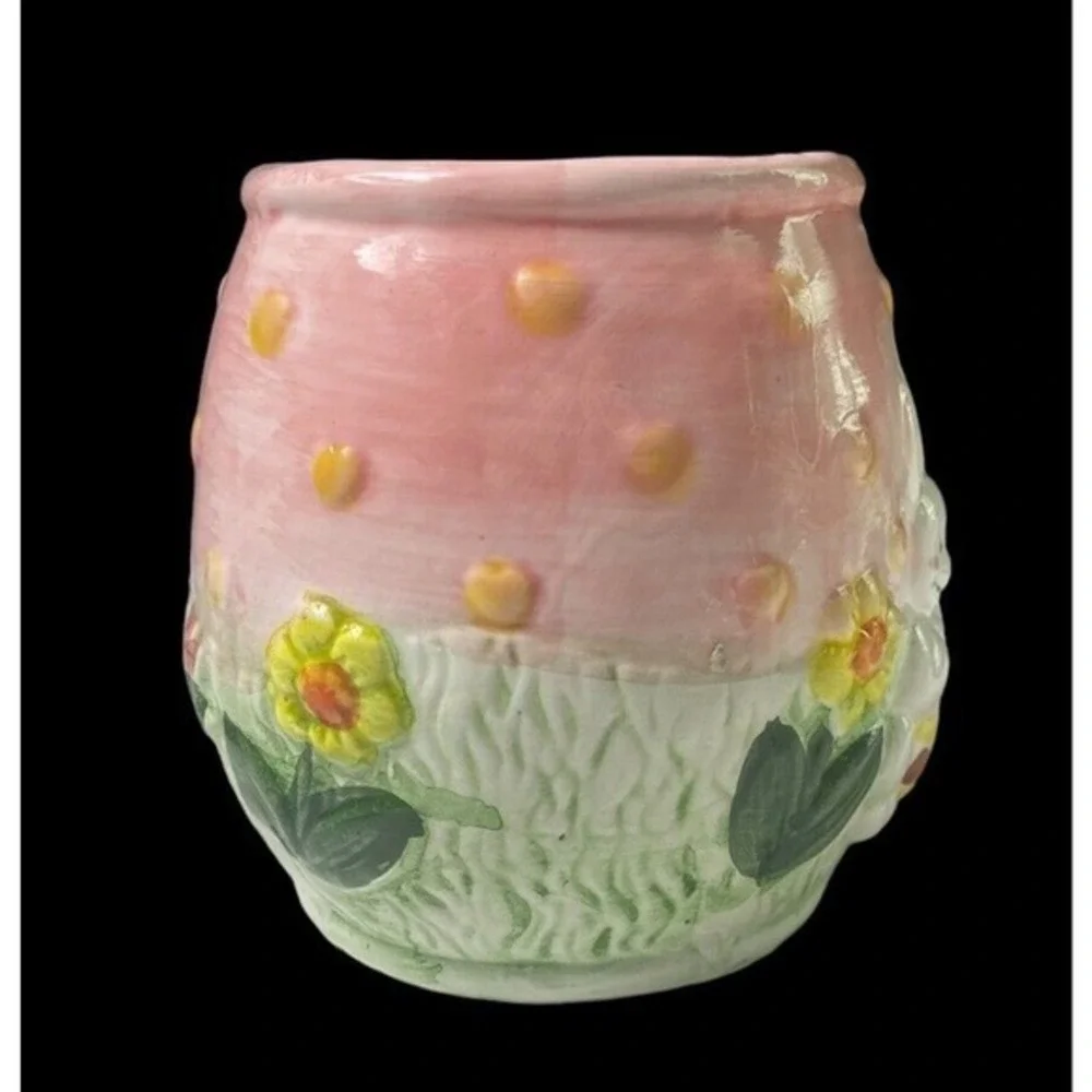 Vintage 2004 Ceramic Easter Bunny Mug Bunny Basket Jar Pink‎ Egg Collectibles